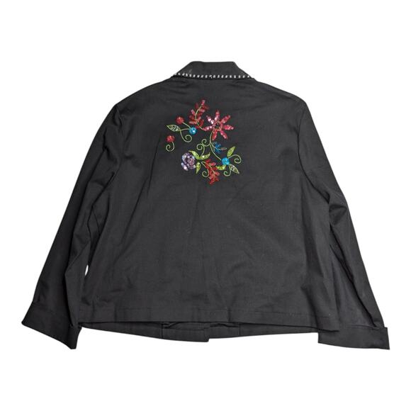 Vtg Y2K Faith Black Cotton Floral Embroidered Embellished Button Up Jacket M - Picture 2 of 5